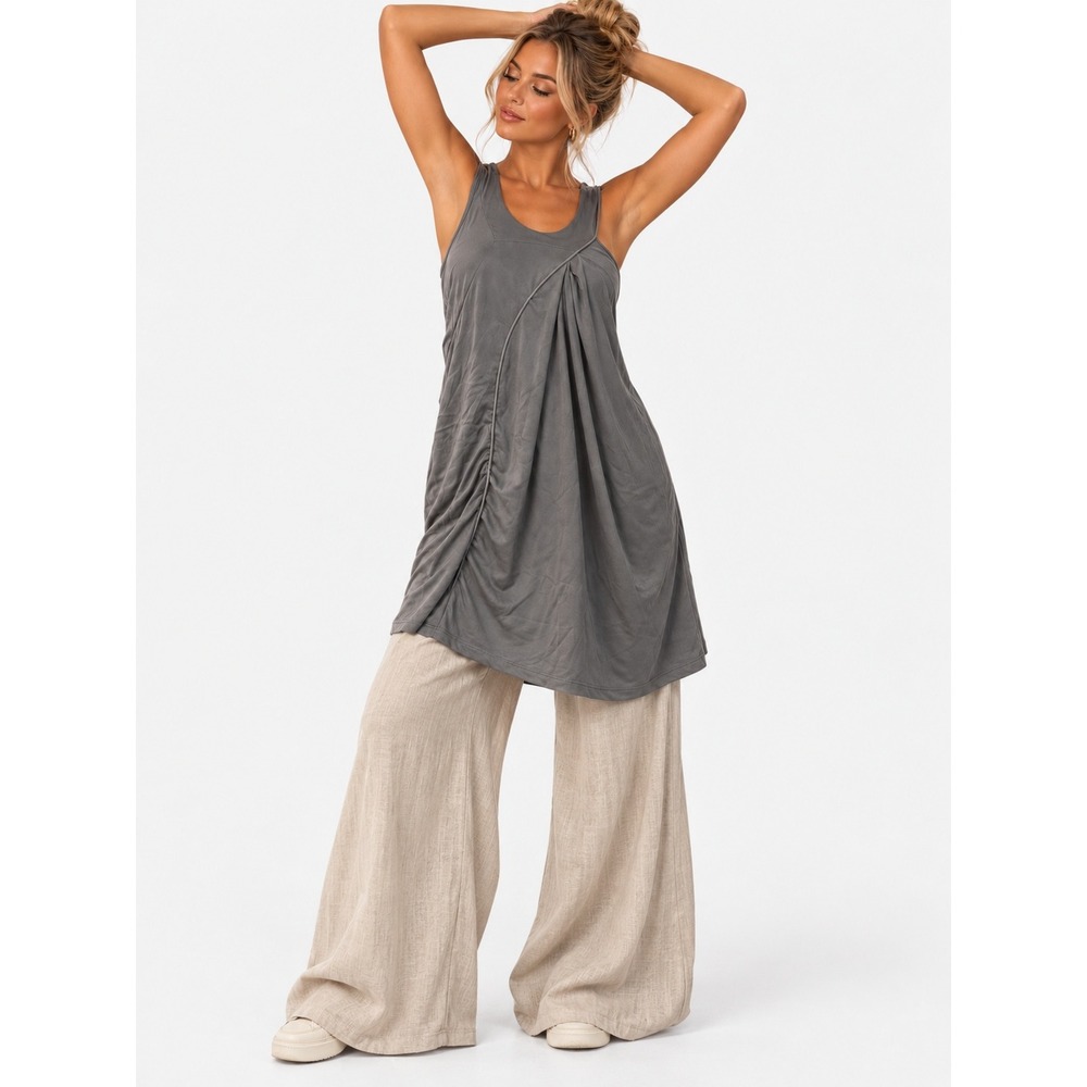 Kaylee Tankus Gray Avant-Garde Draped Sleeveless Tunic Top Dress M